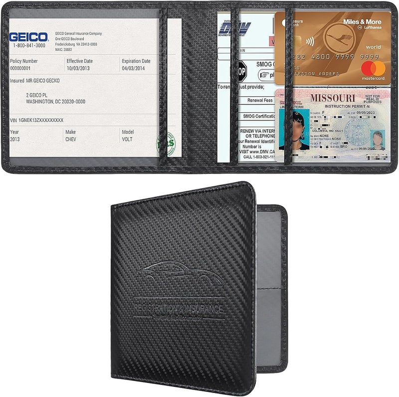 Miunice Car Registration and Insurance Holder, Premium Pu Leather Vehicle Glove Box Organizer - for Driver License, Cards & Essential Documents (Carbon Fiber Black) - Image 1